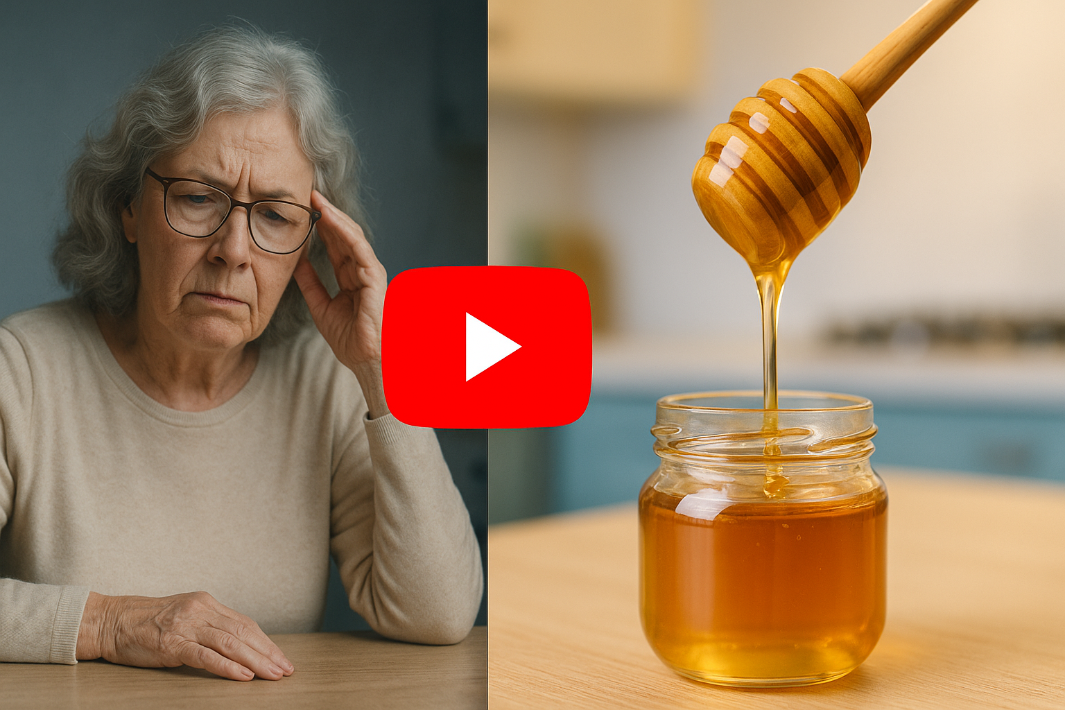 Elderly woman with memory concerns and honey remedy with YouTube play button